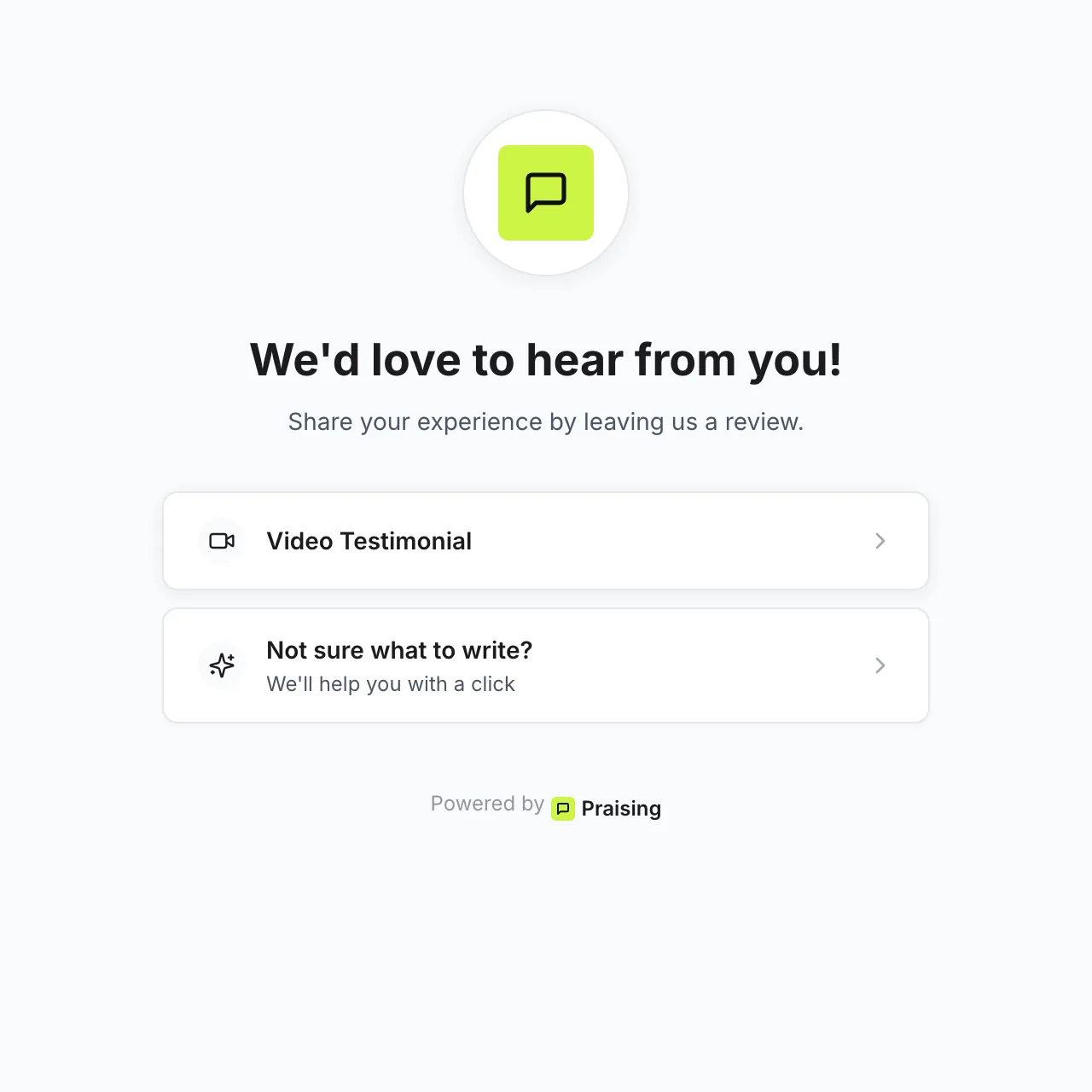 The customer-facing review funnel — guided review writing with an AI helper and a video testimonial option
