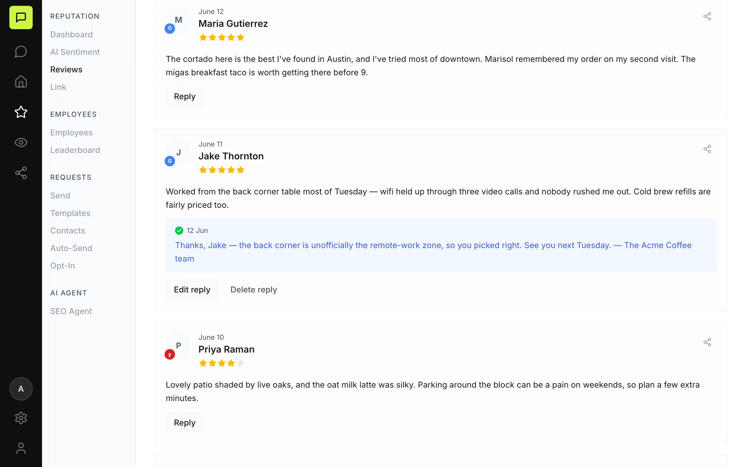 Praising reviews inbox — Google, Yelp and Facebook reviews in one feed, with an owner reply published on a five-star review